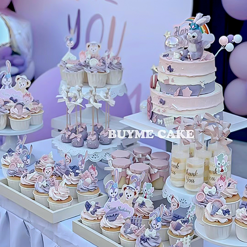 紫色小兔子甜品台蛋糕装饰毛绒摆件女孩主题推推乐贴纸插牌插件