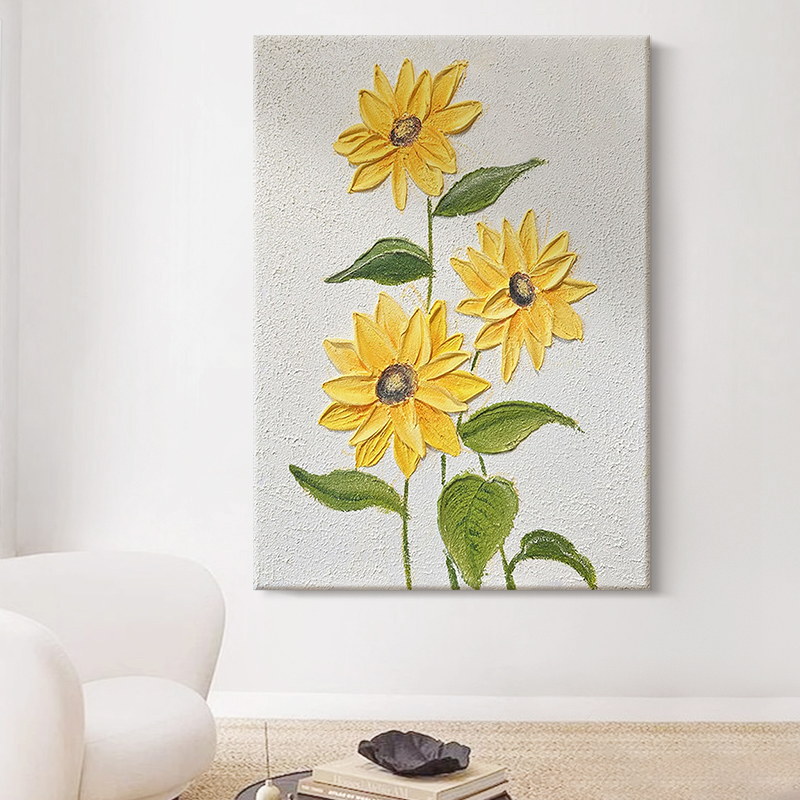 奶油风向日葵肌理手绘油画抽象现代花卉客厅挂画高级感玄关装饰画