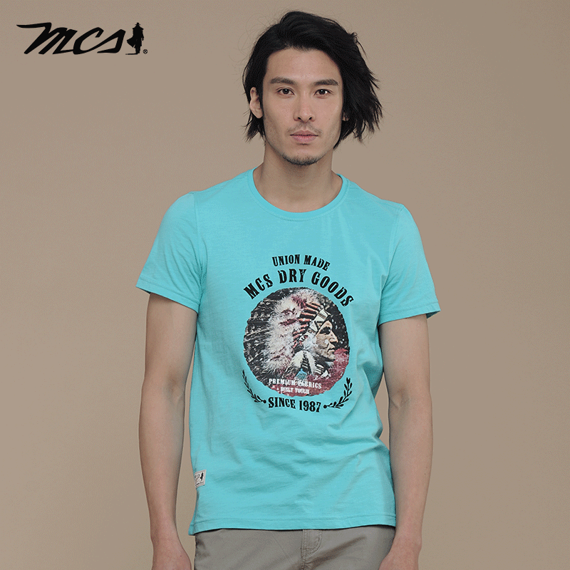 MCS男装源自万宝路印第安民族风休闲潮个性印花圆领合身短袖T恤