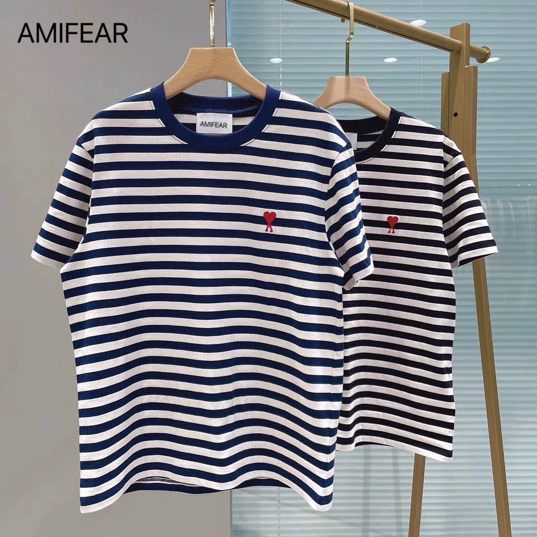 AMI FEAR 夏季新款刺绣爱心条纹海军t恤纯棉短袖明星男女同款