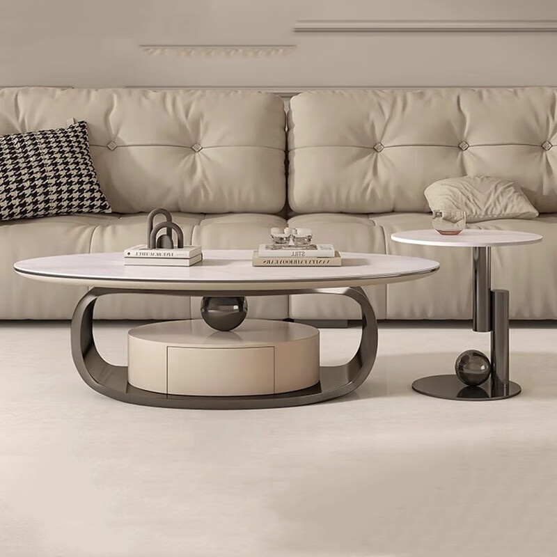 轻奢茶几现代极简家用储物意式客厅设计师椭圆形岩板带抽茶几桌子