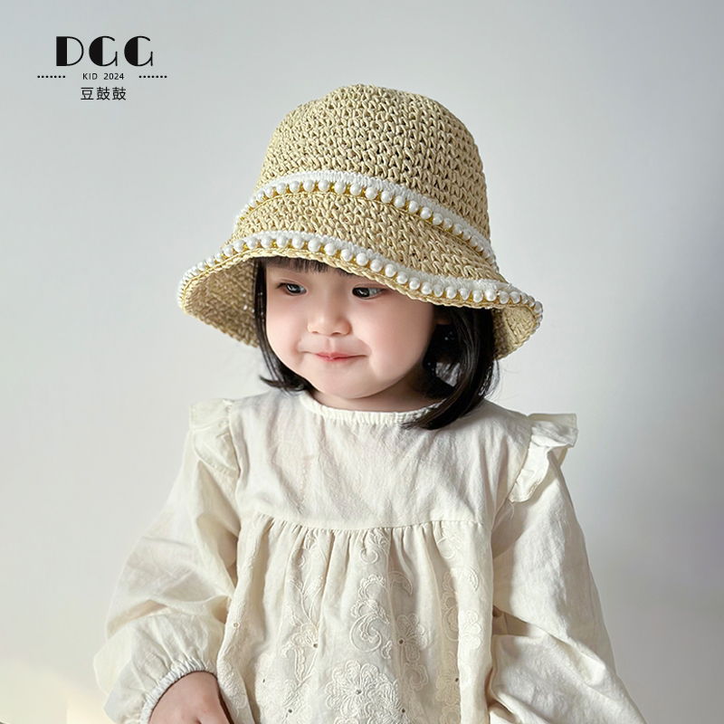 儿童草帽夏季遮阳防晒手工珍珠帽子女童韩版公主可折叠沙滩渔夫帽