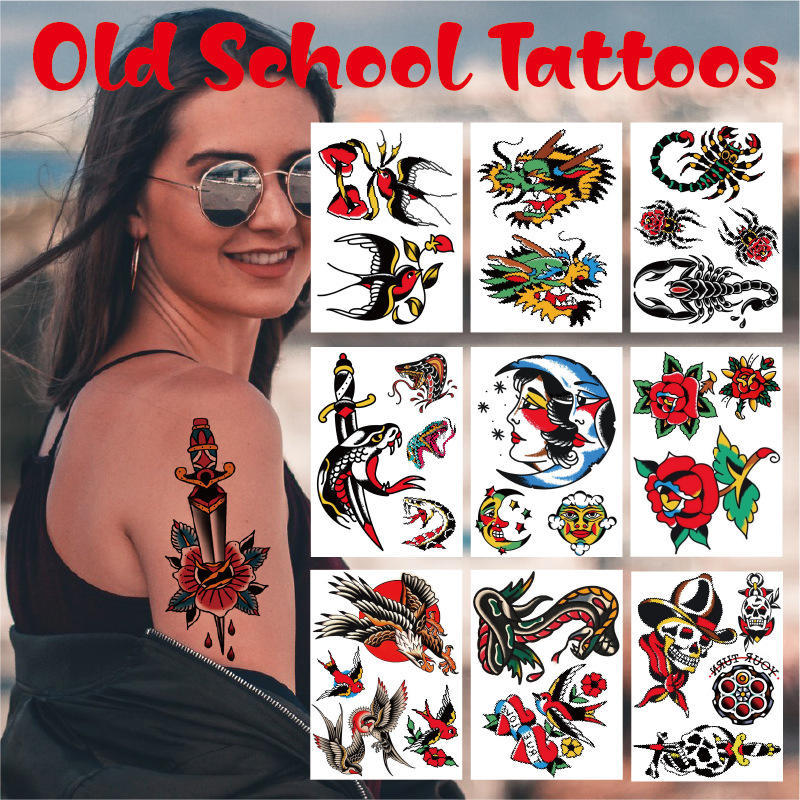 欧美传统纹身贴彩色老鹰豹子蝴蝶花朵纹身贴纸