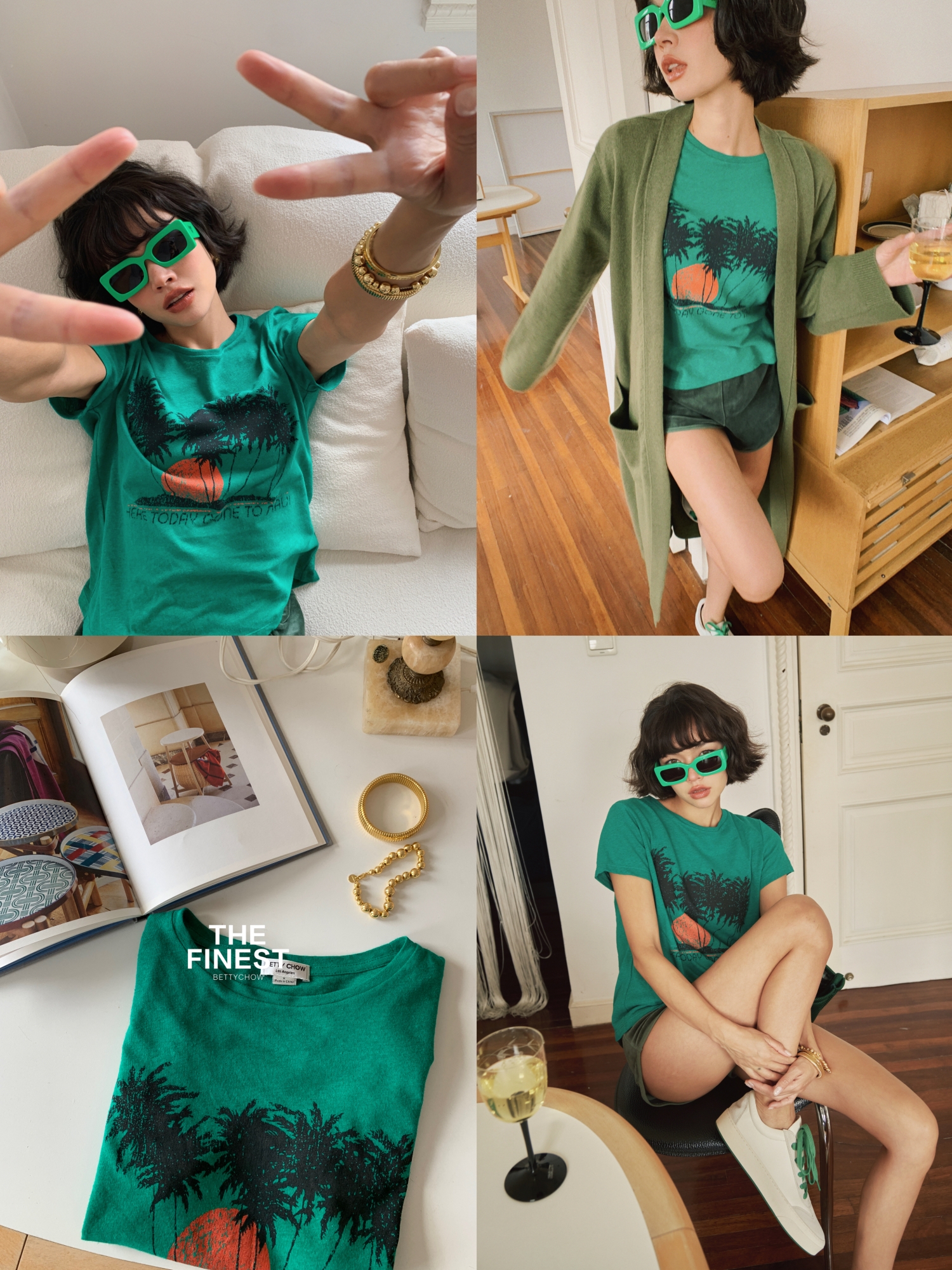Bettychow 小众！超正点的绿 椰林亚麻T恤夏季百搭印花短袖上衣