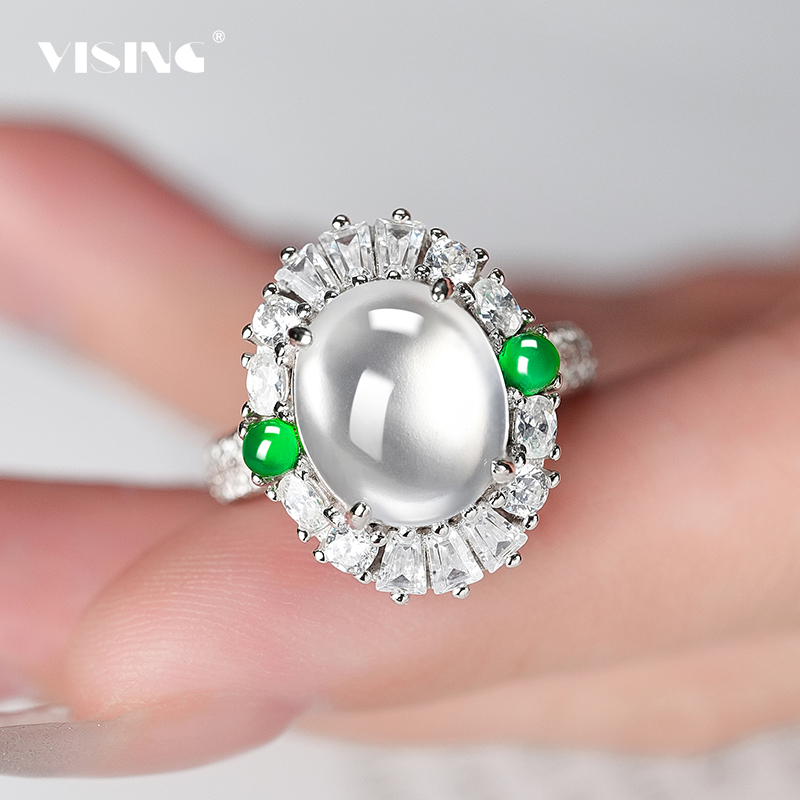 VISING珠宝天然石英质玉水沫子绿玉髓戒指手饰国风送礼媲美翡翠