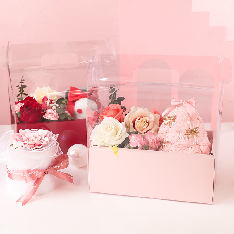 情人节520母亲节鲜花蛋糕盒花艺礼物戒指盒透明4寸蛋糕手提包装盒
