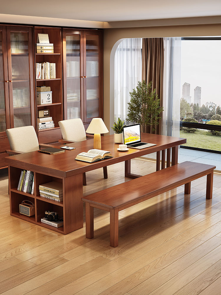 大长书桌书柜一体实木工作台客厅书房家用多人阅读学习办公大板桌