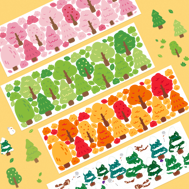 韩国彩色森林手账贴纸卡通春夏秋冬树木日记素材韩系ins装饰贴画
