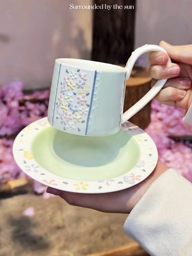 花仙子创意咖啡杯家用杯碟套装陶瓷欧式咖啡杯手绘高颜值陶瓷水杯