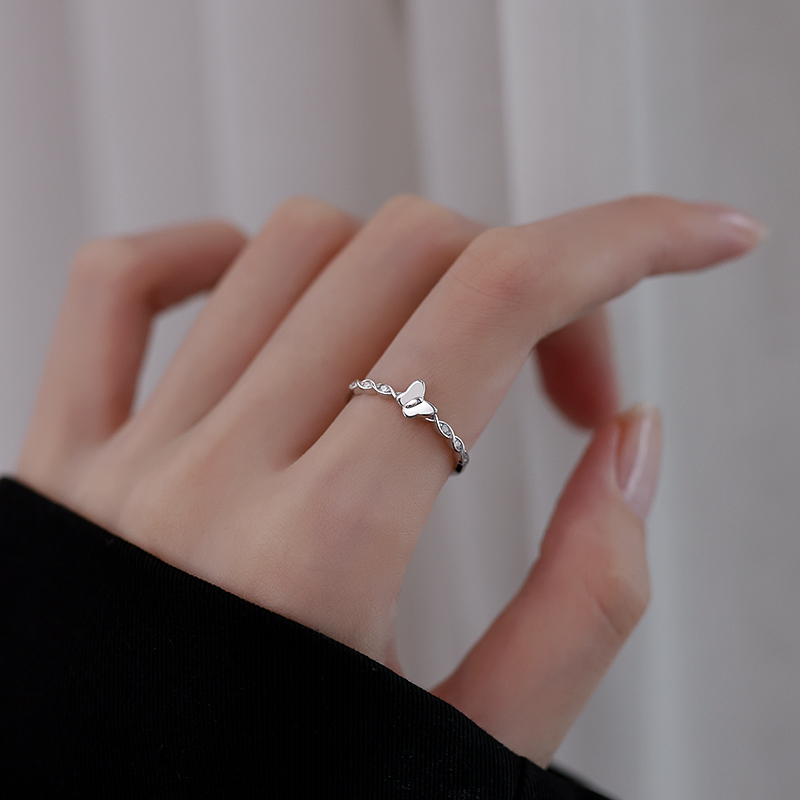 925纯银蝴蝶戒指女款小众设计素圈食指戒时尚个性冷淡风指环戒子