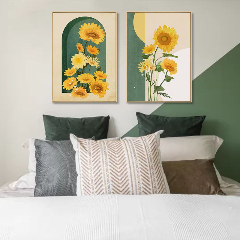 橙黄向日葵装饰画抽象太向阳月亮花卉艺术鲜花树叶女孩房间壁挂画