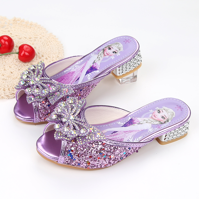 爱莎公主女童拖鞋夏季新款儿童高跟鞋水晶小女孩蓝色紫色粉色凉拖