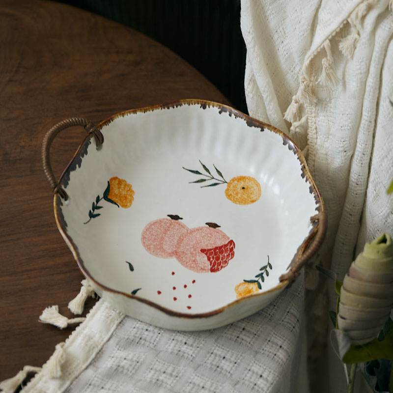 玩物志《石榴和松果》田园风釉下手绘织植物花卉水果盘陶瓷水果篮