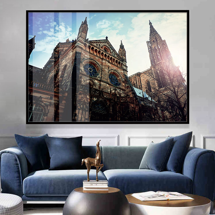 法国天主大教堂风景装饰画欧洲旅游景点晶瓷画西餐厅单幅横向挂画