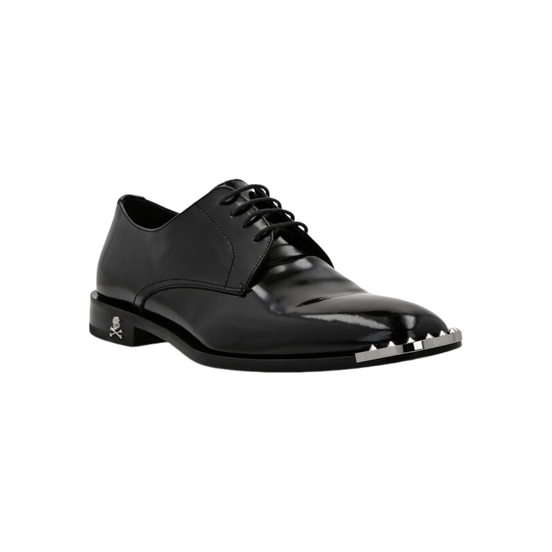 PhilippPlein男鞋黑色小牛皮金属细节系带商务休闲皮鞋德比鞋