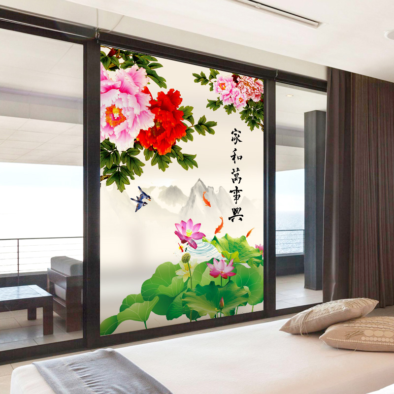 中式磨砂玻璃贴纸中国风荷花牡丹图案玻璃门贴纸客厅隔断移门贴纸