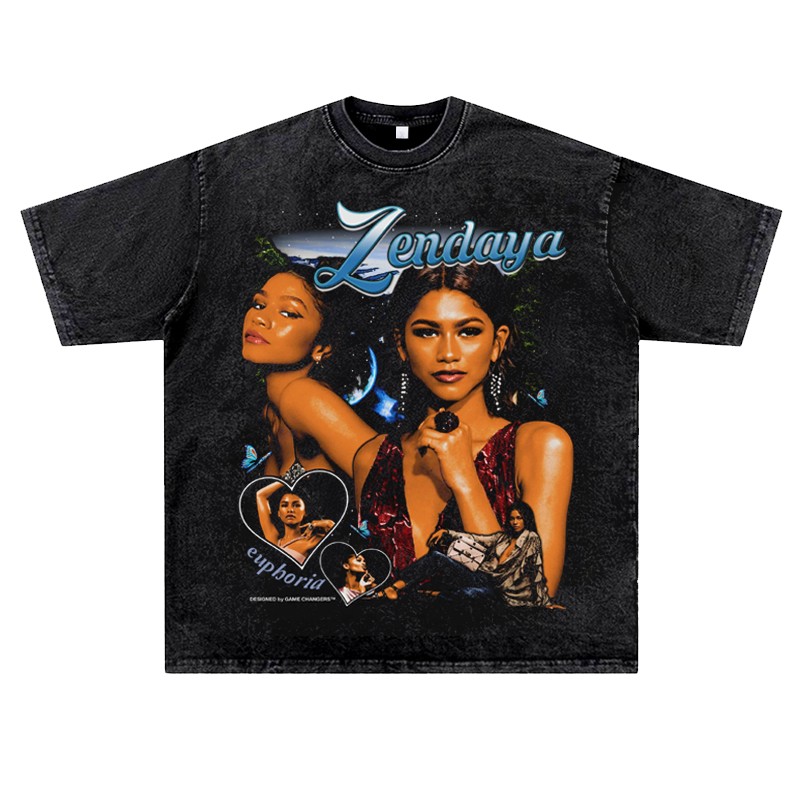 美式复古水洗做旧说唱嘻哈rapper厂牌Zendaya赞达亚潮流短半袖T恤