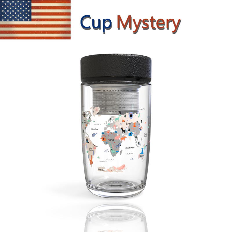 美国cup mystery进口商务皮质杯盖卡通地图茶隔高硼硅玻璃杯