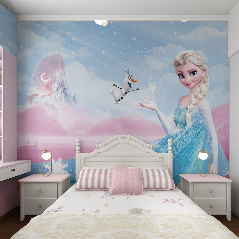 墙纸儿童房女孩新款冰雪奇缘壁纸公主房墙布卡通爱莎定制壁画墙面