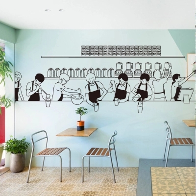 创意奶茶咖啡制作过程图人像 店铺背景墙黑板吧台装饰玻璃贴纸画