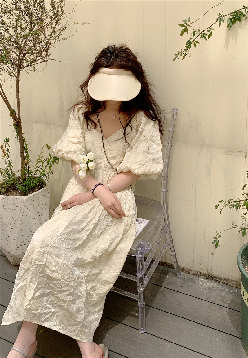 22级夏季法式泡泡袖白色连衣裙女装裙子