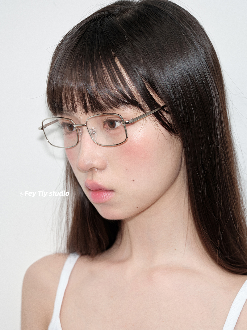 feytiy 日系斯文金丝复古时髦平光眼镜装饰潮银框细边眼镜长方形