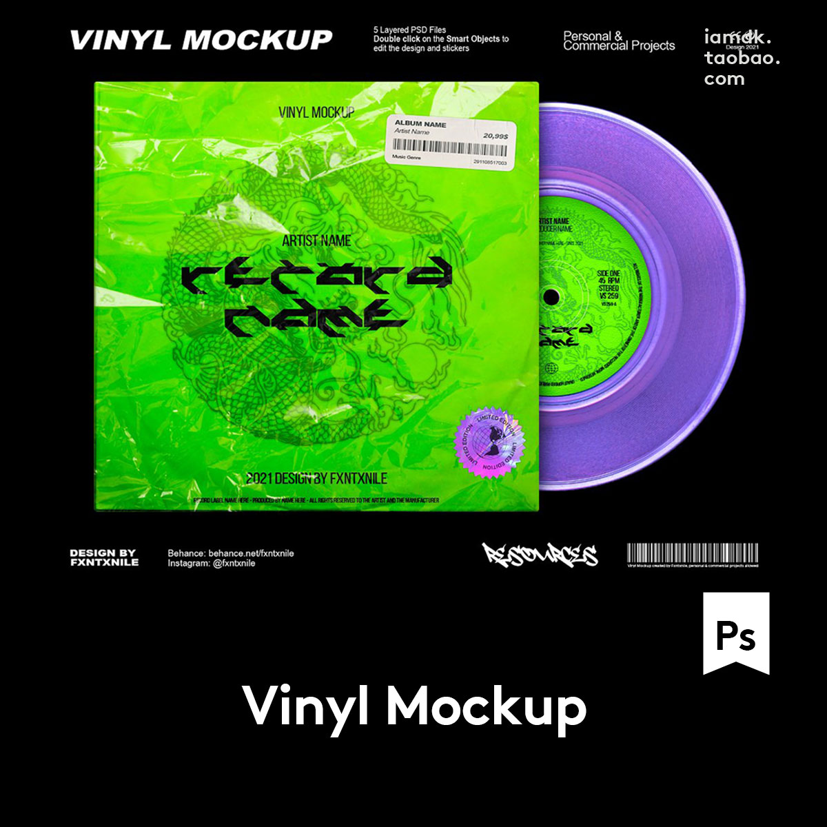 嘻哈酸性摇滚音乐CD黑胶唱片专辑包装袋封面视觉设计PSD样机素材