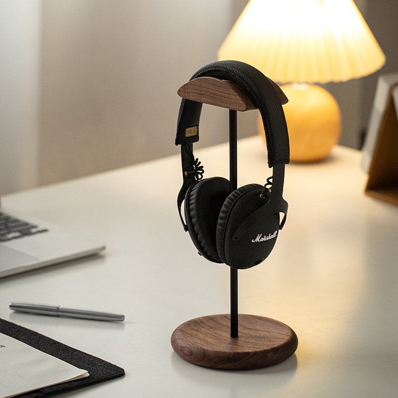 黑胡桃木头戴式耳机架托实木质挂架电竞桌面展示架耳机支架高级