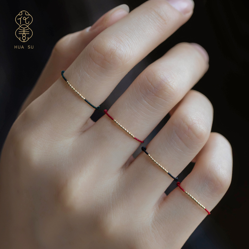 18k金芝麻珠黄金手工编绳特细戒指可调节叠戴小众设计礼物指环