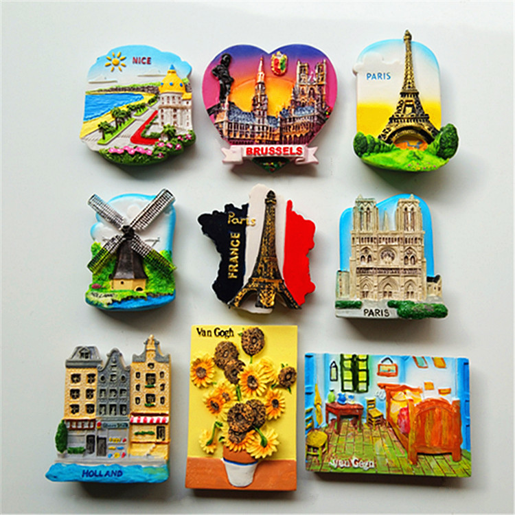 法国巴黎圣母院荷兰比利时旅游纪念品梵高名画树脂冰箱贴3D磁贴
