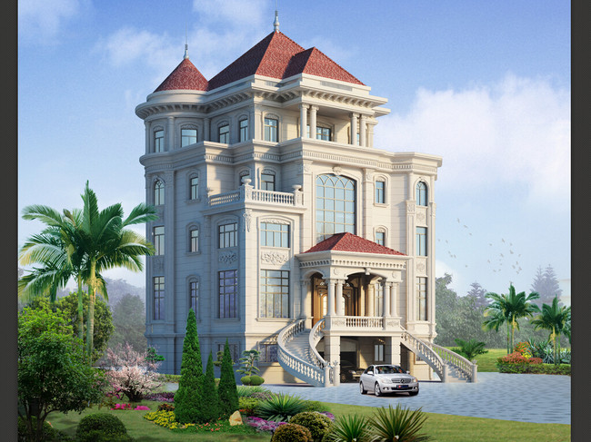 欧式美式建筑别墅公馆3D效果图平面布置建筑外观外立面CAD施工图