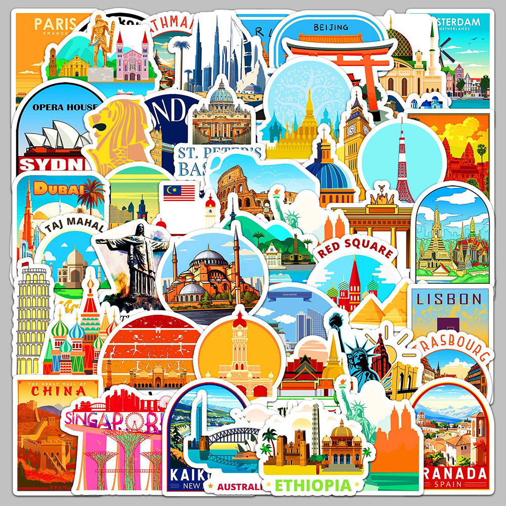 50张中国著名城市地标贴纸卡通涂鸦装饰手账素材笔记本行李箱贴画