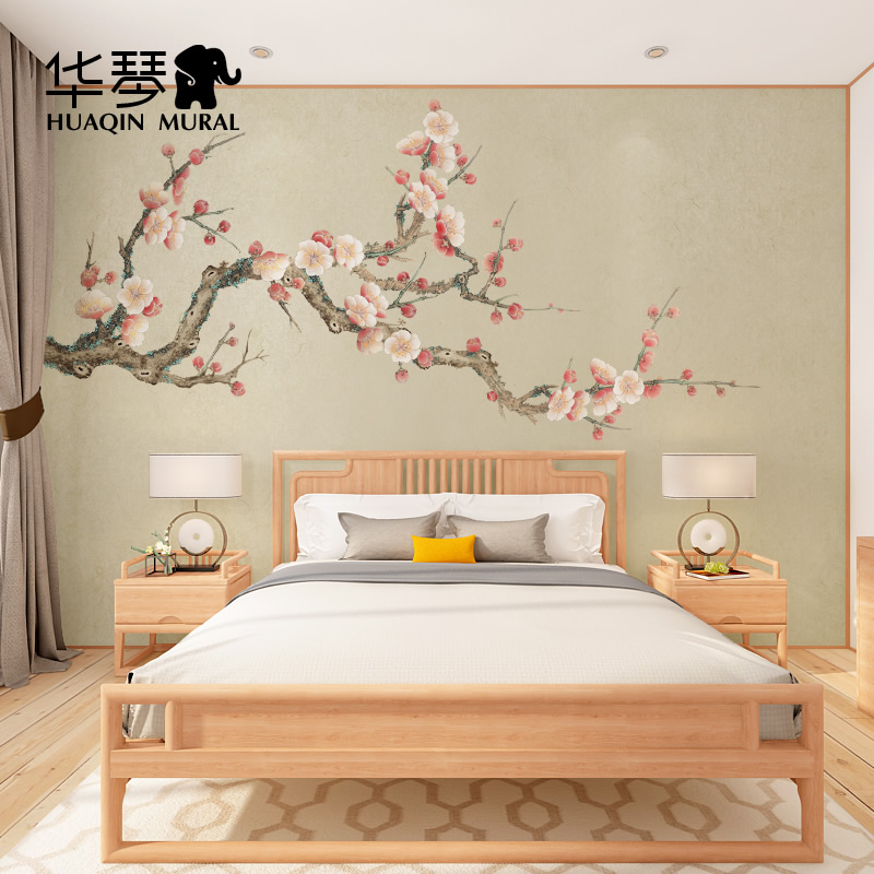 中式红梅梅花墙纸背景墙壁纸客厅卧室喜上眉梢墙布古风一剪梅壁画