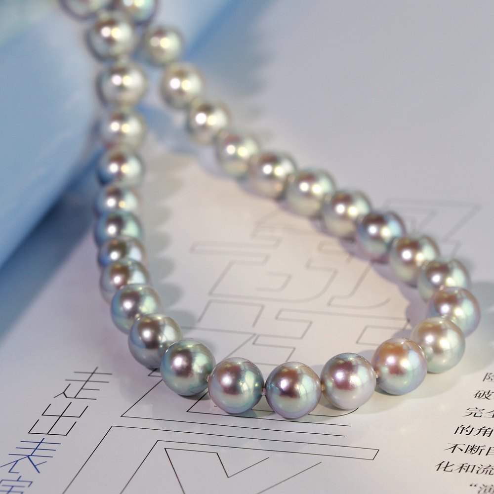 灰色akoya海水珍珠项链大尺寸8.5-9毫米珍珠的品质天花板颜色迷幻