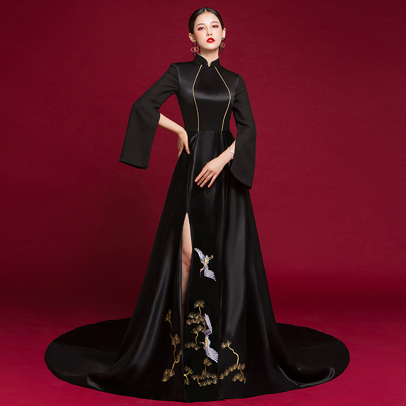 黑色水袖性感演出服时尚中国风模特走秀旗袍主持人礼服女端庄大气