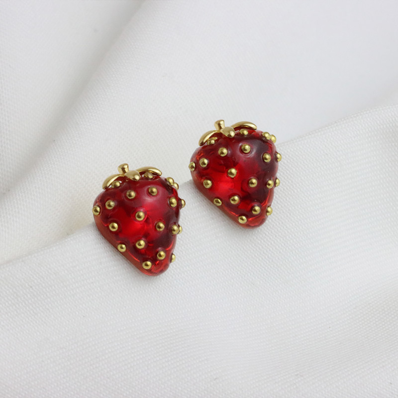 欧美风天然树脂红草莓耳钉立体设计感极简风ins唯美优雅百搭耳环