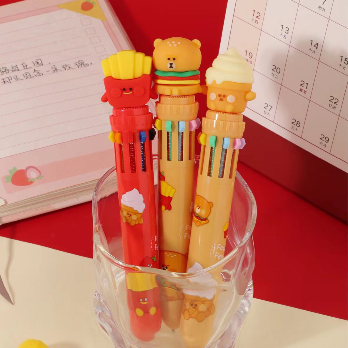 创意可爱10色圆珠笔汉堡薯条多功能彩色笔学生卡通多色原子笔