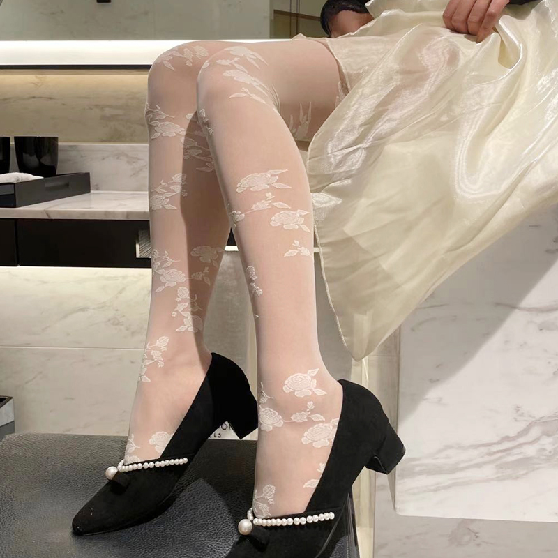 丝袜2021新款春夏薄款白色连裤袜网红日系Lolita复古玫瑰花打底袜