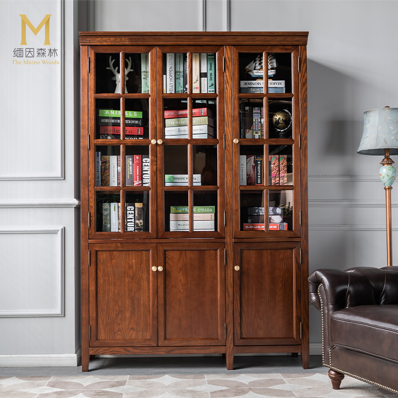 实木组合书柜玻璃带门轻奢美式组合柜家用立柜立式落地现代靠墙