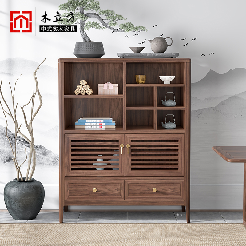 新中式黑胡桃木餐边柜储物柜茶室陈列柜茶水柜实木小边柜靠墙矮柜