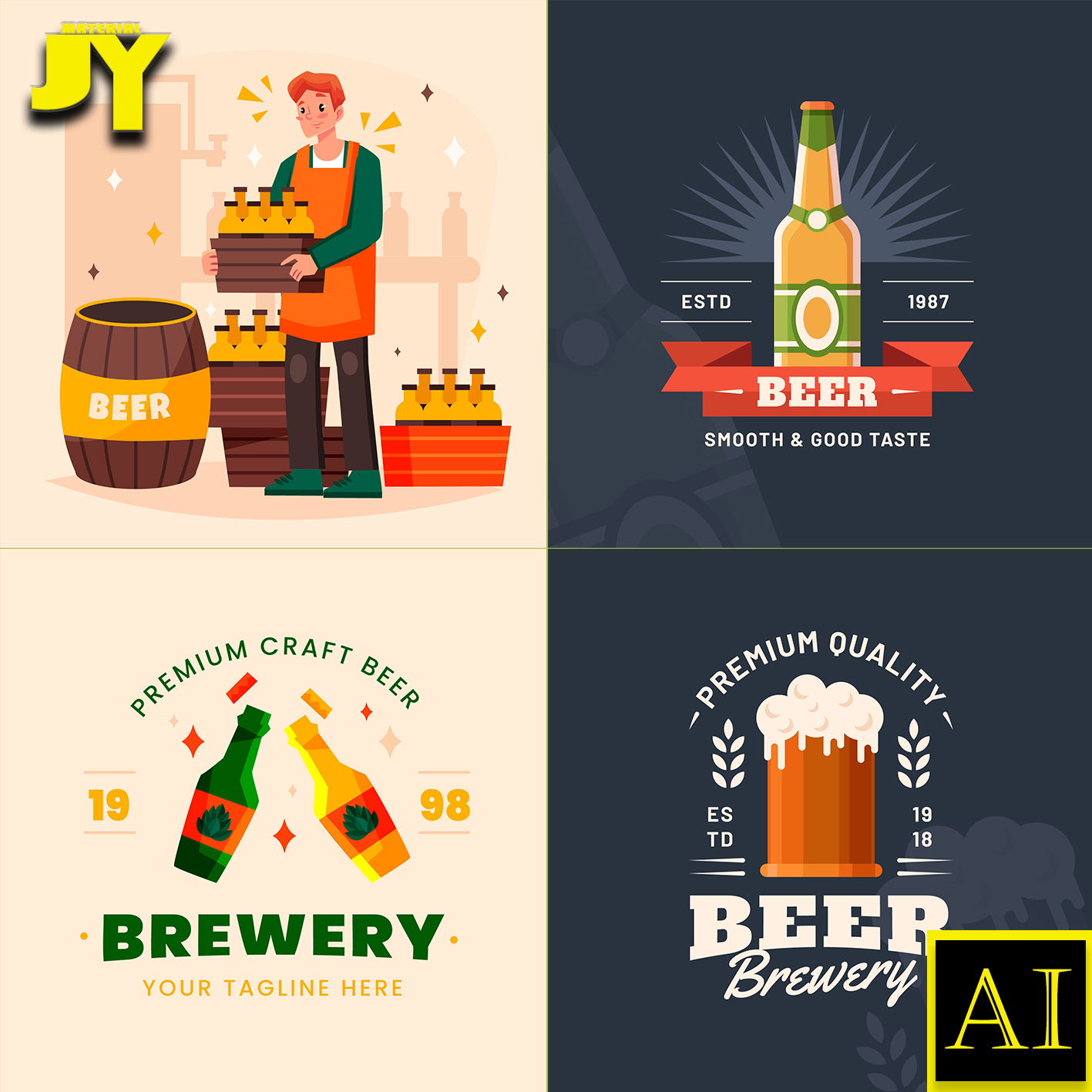 手绘小麦木桶机器啤酒制作过程图海报画册插画网页版式模板AI素材