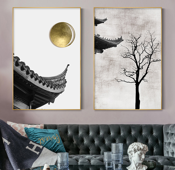 中式挂画江南建筑样板间装饰画黑白树梢铂金月亮壁画走廊过道画