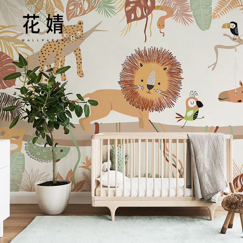 卡通狮子动物墙布儿童房男女孩壁画定制可爱风卧室床头背景墙壁纸