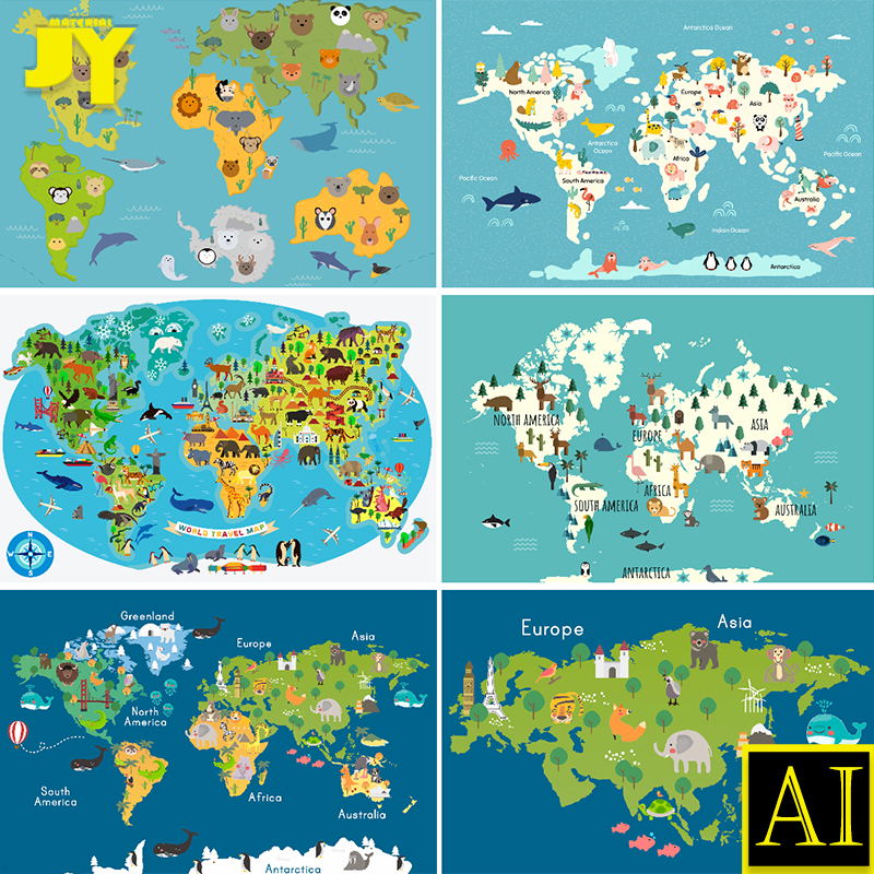 动物全球分布图世界各国地区动物分布图插画矢量图平面设计素材