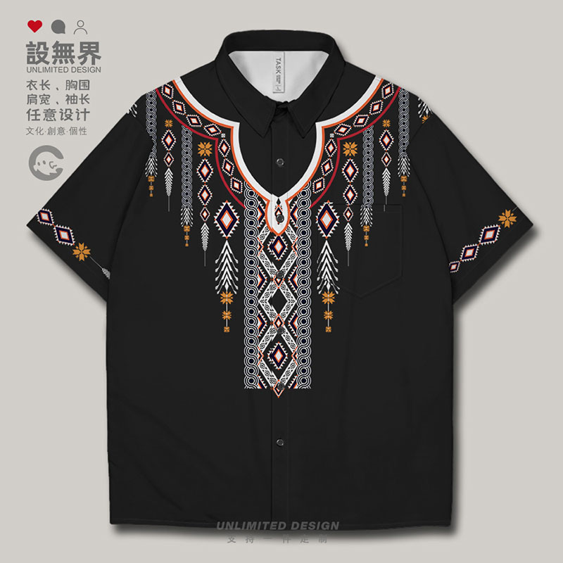 国潮复古民族风苗族藏族图腾文化大码短袖衬衫男女装17设 无界