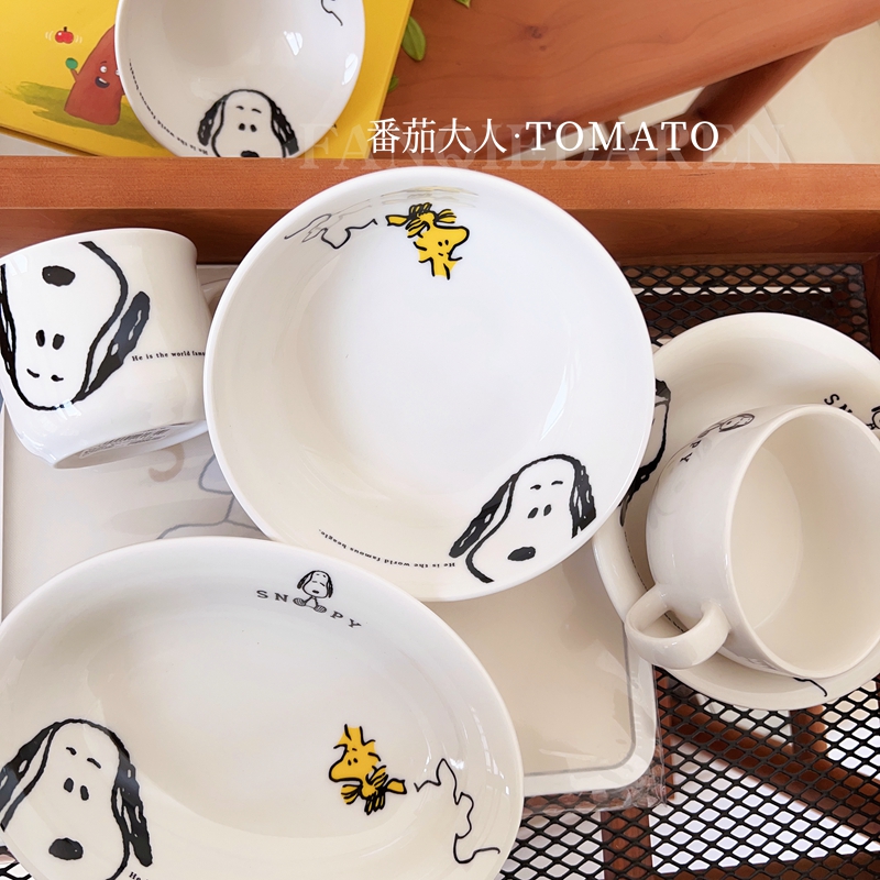 日本制 史努比可爱简约陶瓷儿童手柄饭碗汤碗家用卡通餐具