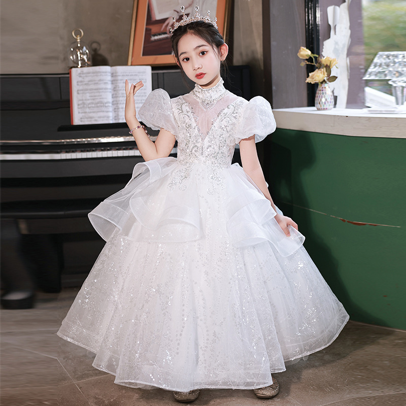 小女孩生日闪亮公主裙华丽红毯儿童节目主持人绑带礼服钢琴音乐会