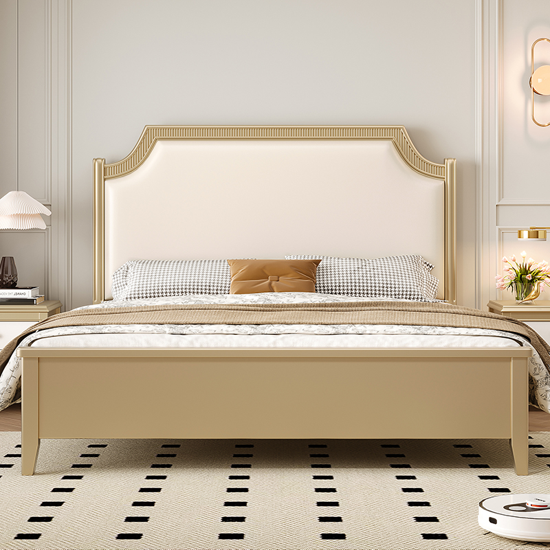 头层牛皮美式床轻奢现代实木床白色双人主卧1.8米法式床次卧真皮