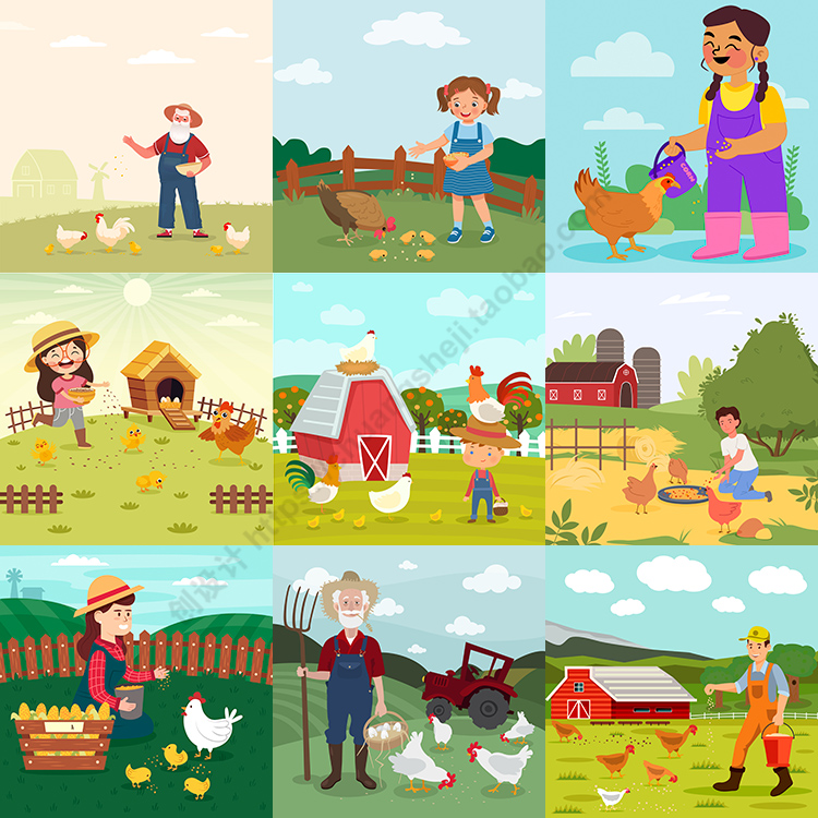 卡通喂鸡插画 扁平化牧场饲养小鸡人物场景 AI格式矢量设计素材