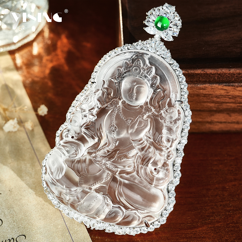 VISING珠宝天然玻璃种石英质玉水沫玉度母吊坠项链国风媲美翡翠